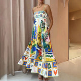 Women Dresses Summer Square Collar Sling Dress Graffiti Printing Long Dress (Qymy0409)
