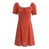 Women Dresses Summer Vintage Printed Dress Puff Sleeve Lace-up Skirt (Xds0414)