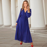 Women Date Dress Autumn and Winter V-neck Long Sleeve Pleated Dress
