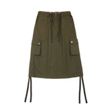 Women Long Skirt Ribbon Drawstring Suit Skirt Multi-Pocket Mid-Length A- line Skirt