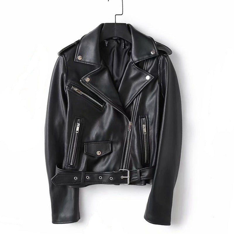 Women Leather Jacket Spring and Autumn Slim Fit Short Belt Lapel Small Leather Coat Biker's Leather Jacket
