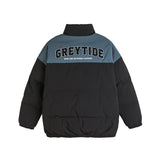 Unisex Winter Cotton Coat Retro Patchwork Contrast Color Stand-up Collar Letter Warm and Loose Cotton Jacket