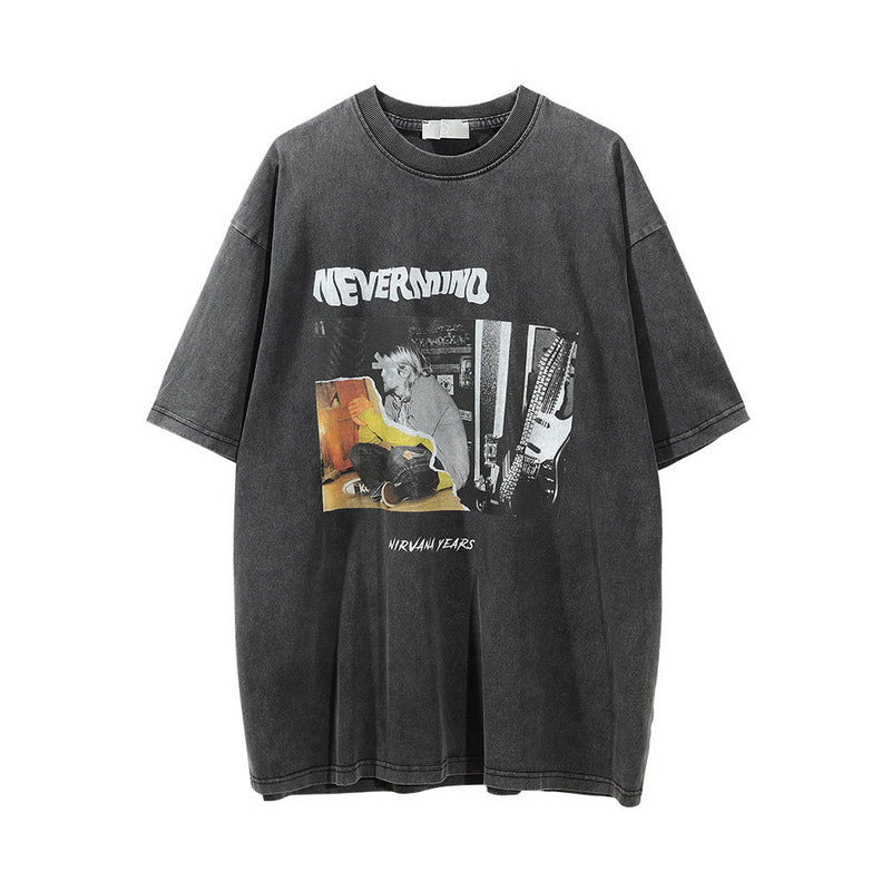 Men Vintage T-Shirt Character Printed Washed Distressed Short-Sleeved T-shirt Men's Loose round Neck Ins Summer