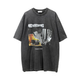 Men Vintage T-Shirt Character Printed Washed Distressed Short-Sleeved T-shirt Men's Loose round Neck Ins Summer