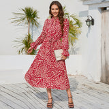 Women Date Dress Leopard Print Stud for Autumn and Winter Stand Collar Long Sleeve Dress Pleated Dress