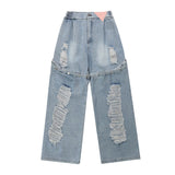 Women Pants Ripped Jeans Women Hip Hop Elastic Waist Button Stitching Loose Wide Leg Pants