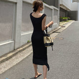 Women Dresses V-neck Black Slit Long Dress Spring and Summer Short Sleeve Dress