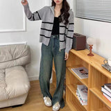 Women Knitwear Fall and Winter Lapels Striped Zip Sweater Loose Knitted Cardigan