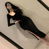Women Dresses Split Long Sleeve Dress U Collar Sexy Hip Skirt