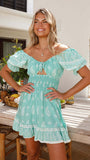 Women Dresses V-neck Lace-up off-the-Shoulder Puff Sleeves Dress (Jkw0408)