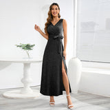 Women Date Dress Sexy Sleeveless V-neck Slit Slim Fit Long Dress