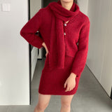Women Knitted Two-Piece Set Cardigan Skirt Scarf Three-Piece Set Button Knitted Sweater Casual Suit 1t8852