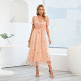 Women Date Dress Slim Fit Embroidered Leaves Sequin Gauze Dress Skirt