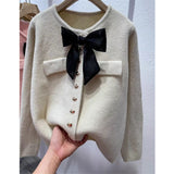 Women Knitted Cardigan Bowknot Decoration Knitwear Winter Loose round Neck Single-Breasted Cardigan