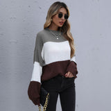 Women Knitted Sweater Autumn Brown Patchwork round Neck Long Sleeve Knitted Pullover Loose Sweater