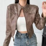 Women Leather Jacket Retro Short Slim-Fitting Biker Jacket Autumn Leather Coat Suede Jacket
