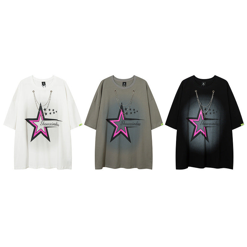 Men T Shirt Retro Five-Pointed Star Graffiti Short Sleeve T-shirt Men and Women Oversize