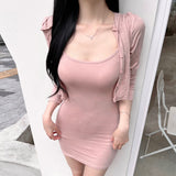 Women Dresses Two-Piece Suit Pink Hooded U-Neck Slip Dress Long Sleeve Cardigan Jacket