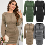 Women Date Dress Winter Sexy Knitted Drawstring Bag Hip Dress