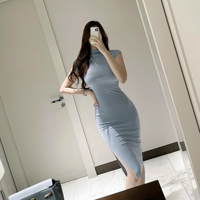 Women Dresses Turtleneck Sleeveless Dress Split Sheath Dress