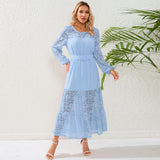 Women Date Dress Autumn Winter Sexy Long Sleeve round Neck Lace Long Dress Dress