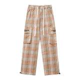 Men Sweatpants Plaid Casual Trousers Multi-Pocket Workwear Straight-Leg Pants