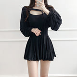 Women Dresses Lotus Leaf Dress Long Sleeve Coat Lantern Sleeve Two-Piece Suit with a Shawl