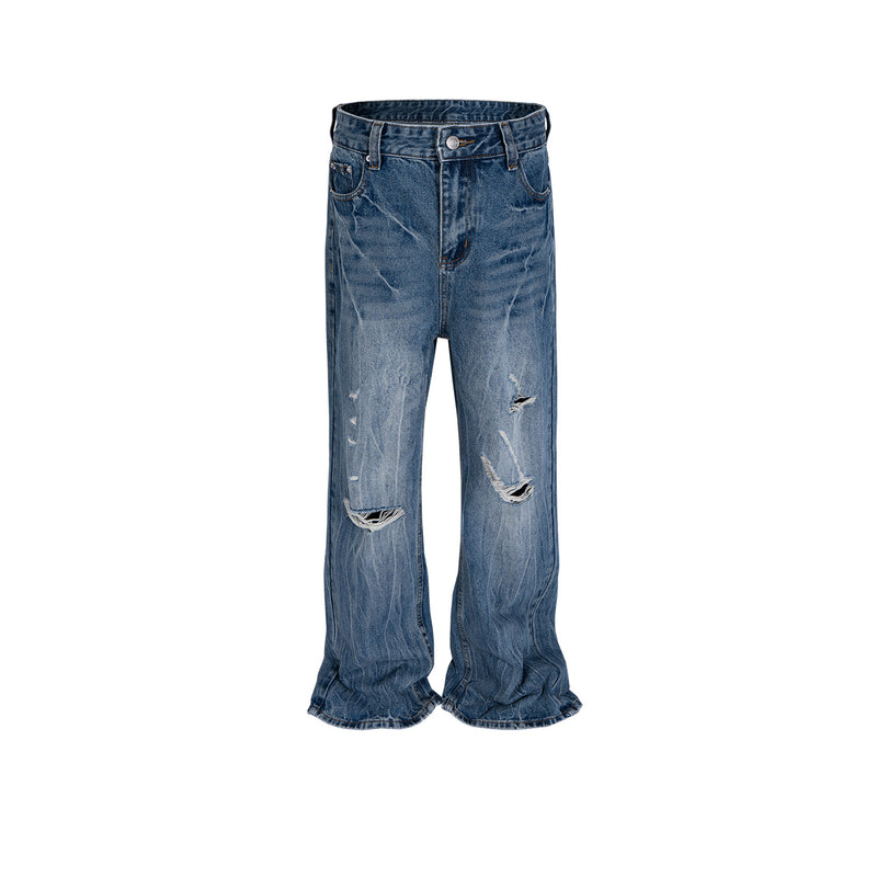 MIJKO Mens Vintage Pants Hollow Cat Claw Wide Feet Blue Denim