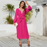 Women Date Dress Autumn and Winter V-neck Lace Pleated Lace-up Long Dress