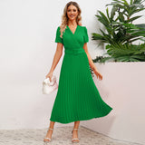 Women Date Dress Spring and Summer Sexy V-neck Pleated Dress