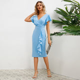 Women Date Dress round Neck Pleated Lace Dress