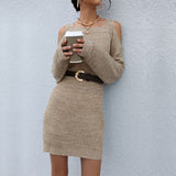 Women Knitted Sweater Spring and Autumn Hollow out Shoulder-Baring Long Sleeve Pullover Woolen Skirt