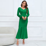 Women Date Dress V-neck Fishtail Skirt Elegant High Waist Evening Long Dress