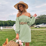 Women Dress Spring/Summer Loose Casual Short Skirt off-Shoulder Braces Long Sleeve Dress