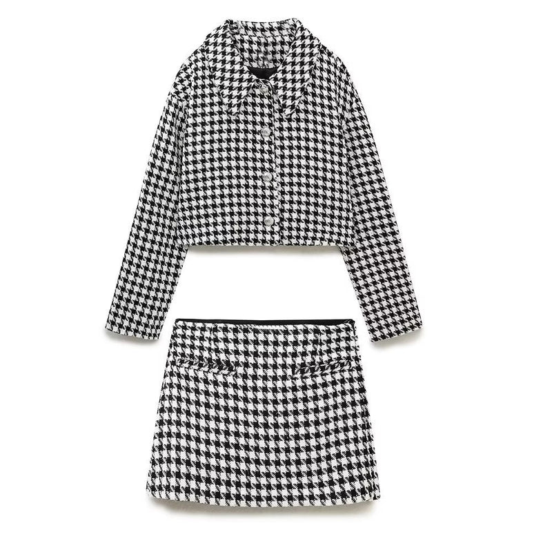 Women Suits Fall Lapels Short Houndstooth Blazer Culottes Suit