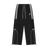 Men Sweatpants Sports Cargo Tactical Pants Men's Striped Stitching Straight-Leg Wide-Leg Pants