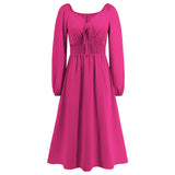 Women Date Dress Slim-Fit Long Sleeve V-neck Lace-up A- line Dress Lantern Sleeve Dress