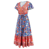 Women Date Dress Summer V-neck Ruffle Vintage Floral Beach Dress