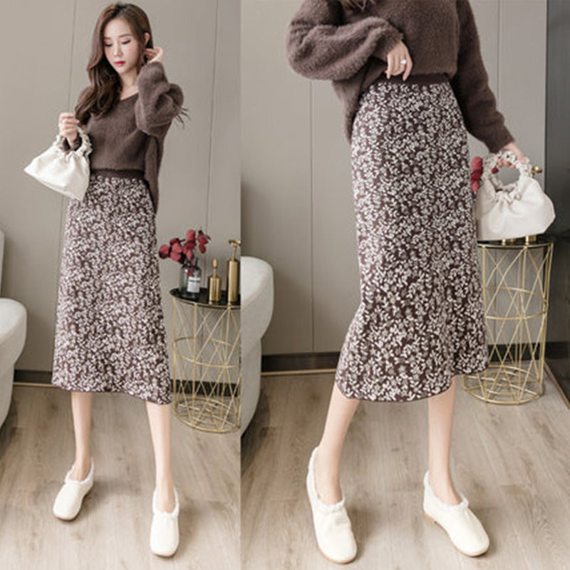 Women Knitted Skirt Retro Skirt Autumn and Winter Long