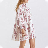 Women Dresses Spring Short Skirt Lapel Single Breasted Embroidered Blouse Long Sleeve Dress (Qymy0409)