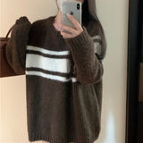 Women Knitted Pullover Striped Loose Sweater Autumn Winter Retro Knitwear Coat