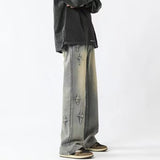 Men Jeans Cross Embroidery Straight-Leg Pants Spring Loose Retro Oversized Casual Trousers