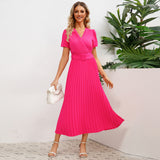 Women Date Dress Spring and Summer Sexy V-neck Pleated Dress