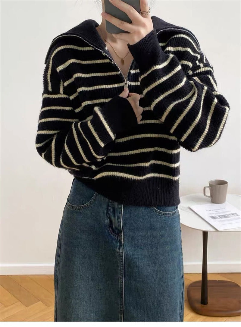 Women Knitted Pullover Vintage Stripe Lapel Knitwear Fall/Winter Loose Sweater Coat