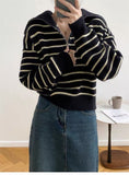 Women Knitted Pullover Vintage Stripe Lapel Knitwear Fall/Winter Loose Sweater Coat