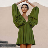 Women Dress Sexy Backless Lantern Sleeve Dress