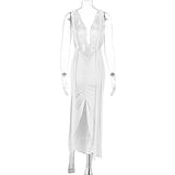 Women Dresses Summer Sexy Deep V-neck Backless Fold Split Dress