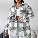 Women Trench Coat Winter Plaid Long Sleeve Shirt Loose Casual Shirt Coat