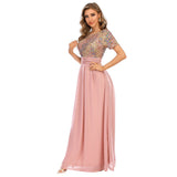 Women Evening Gown Sexy Chiffon Stitching Sequins Dress