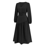 Women Date Dress Autumn and Winter V-neck Bubble Long Sleeve Dress